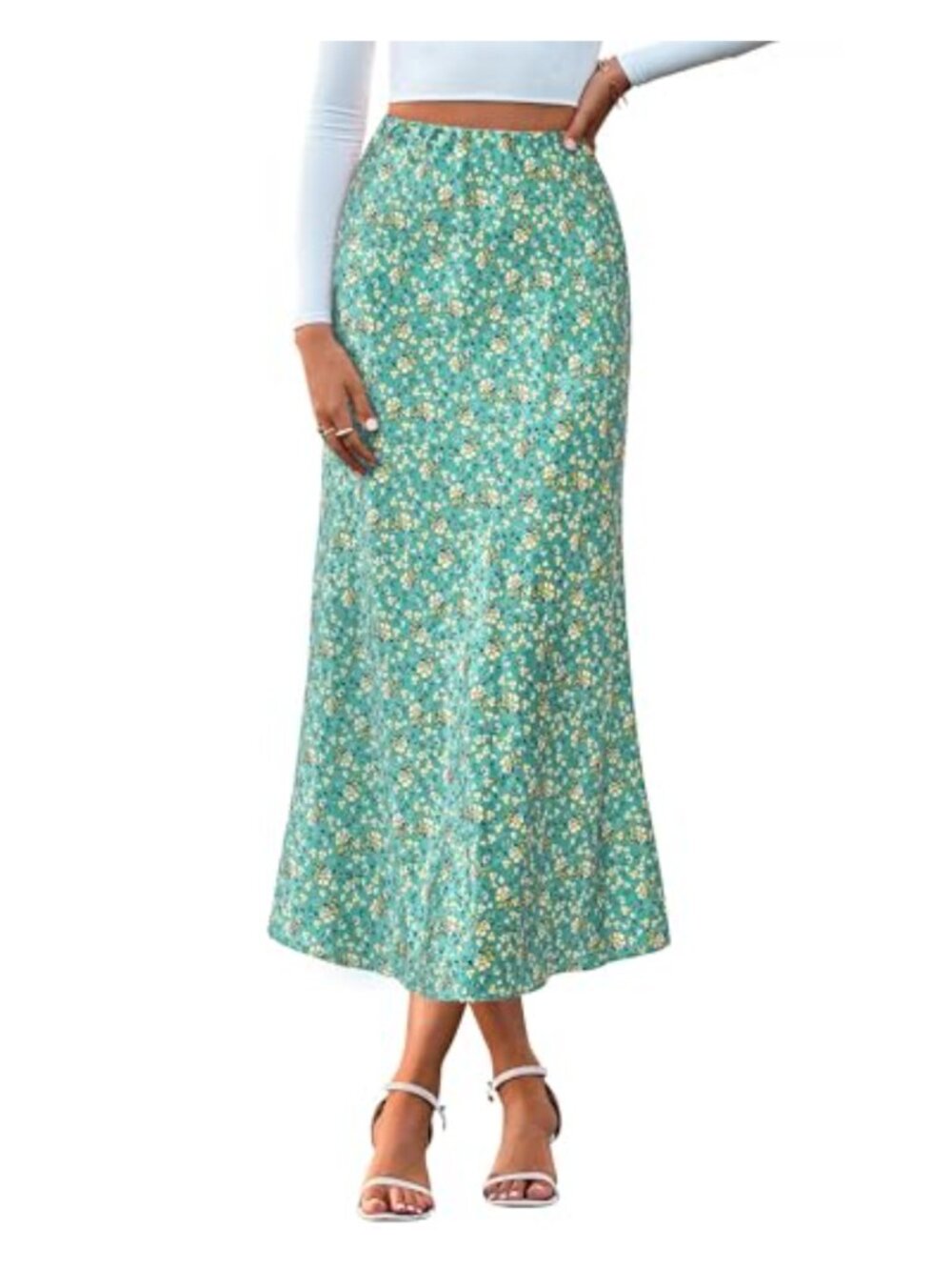 Women's High Waisted Satin Midi A-Line Skirt, Elastic Waistband, Leopard Print,